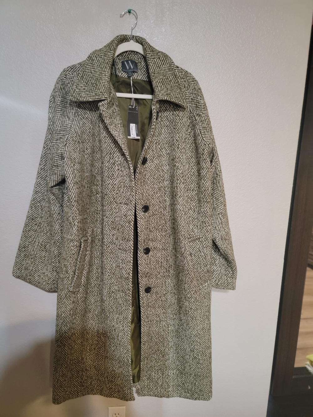 Olive Herringbone Wool-Blend Long Coat